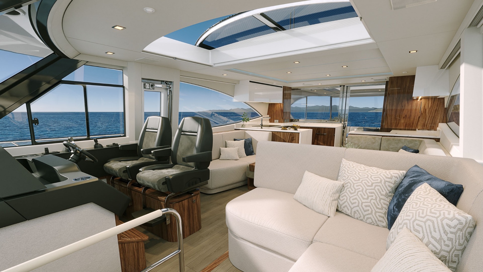 Gourmet U-shaped galley aboard the Riviera 6200 Sport Yacht