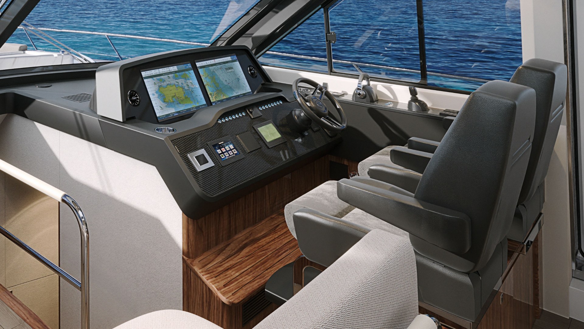 Riviera 6200 Sport Yacht helm with curved glass windscreen and touch-screen navigation